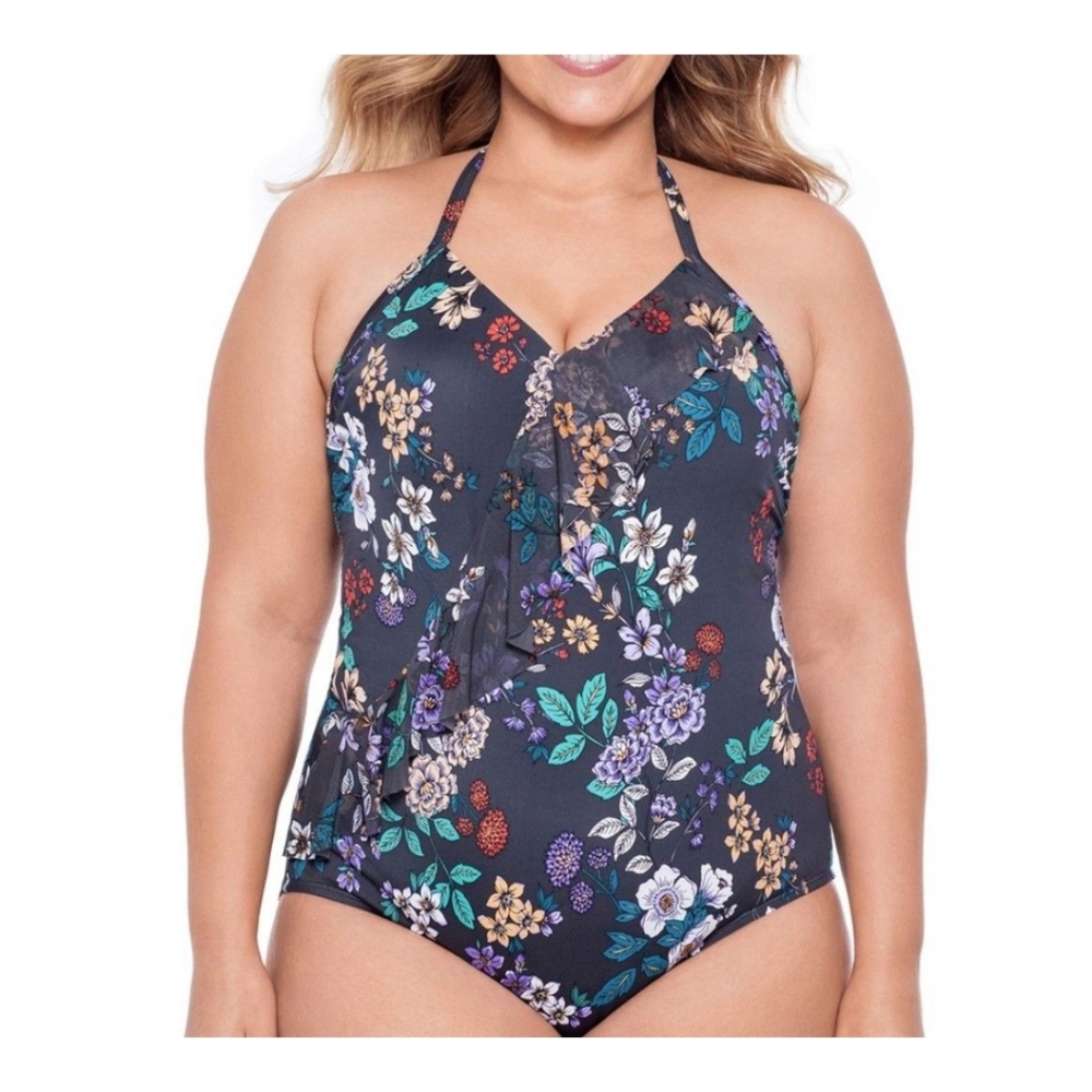 NWT Time and Tru Missy Floral One-Piece Swimsuit Large 12-14